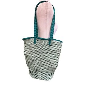 Boho Woven Paper Straw Tote Bag Mint Green Teal Mesh Beach Market Coastal Resort